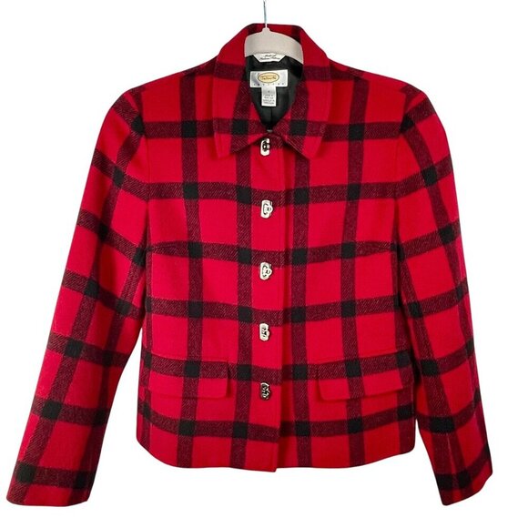 Talbots Wool Blend Red & Black Buffalo Plaid Blazer Silver Toggle Buttons 2P - Picture 4 of 16